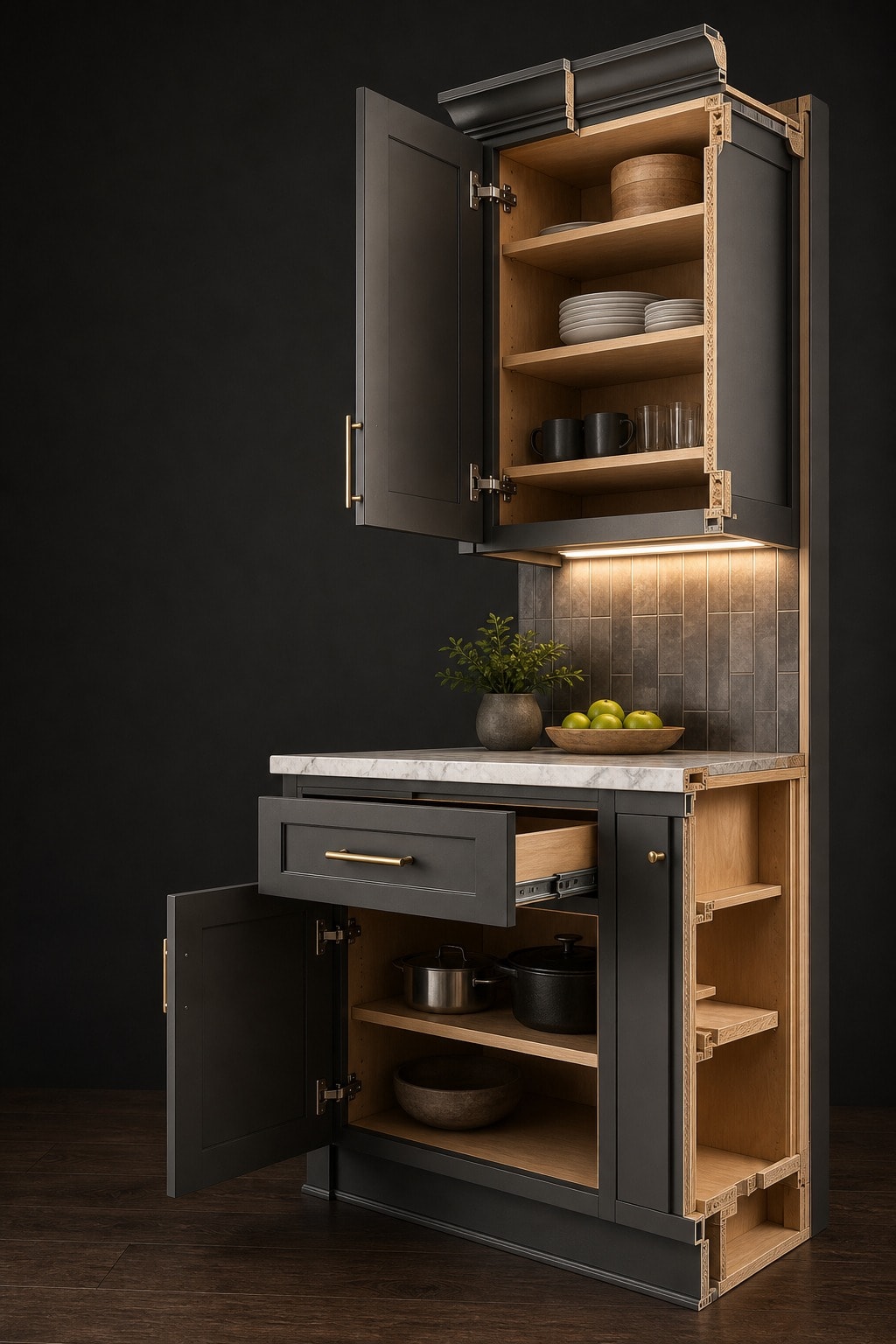 Premium cabinet cutaway showing open doors, shelves, drawer hardware, countertop, backsplash, and under-cabinet lighting