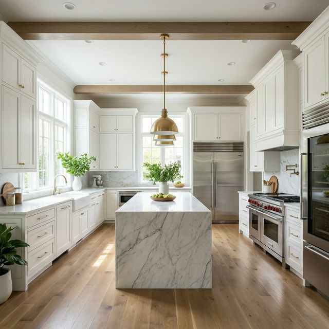 High-end luxury kitchen renovation with white shaker cabinets and marble waterfall island in Bradenton by iHome Built