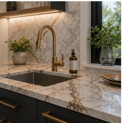 Stone surfaces, backsplash, fixtures, and hardware that define the room. — iHome Built