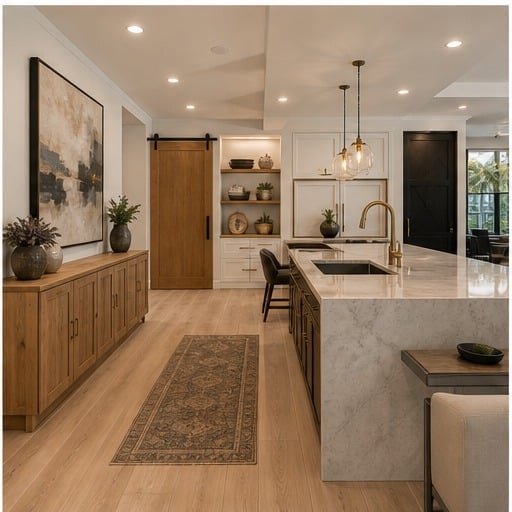 Flooring, pendants, recessed lighting, trim, and accent details working together. — iHome Built