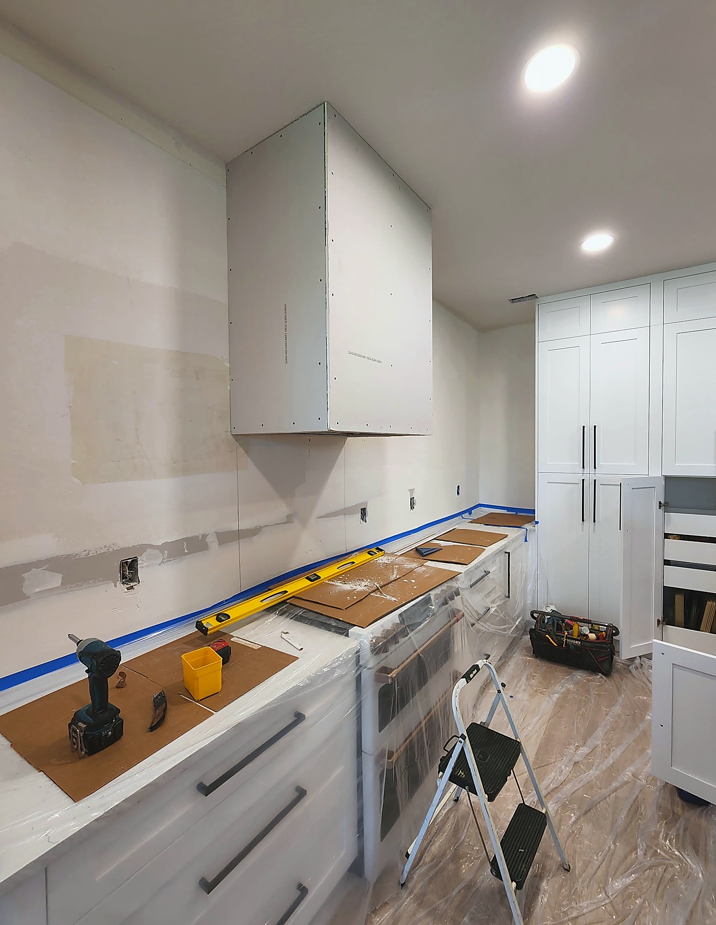 Range hood drywall progress